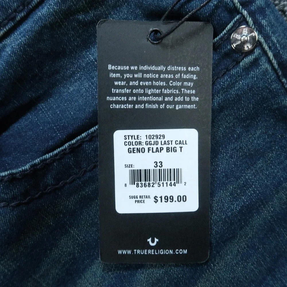 True Religion Jeans Mens 33x33 Blue Geno Flap‎ Big T Relaxed Slim 5 Pocket NWT